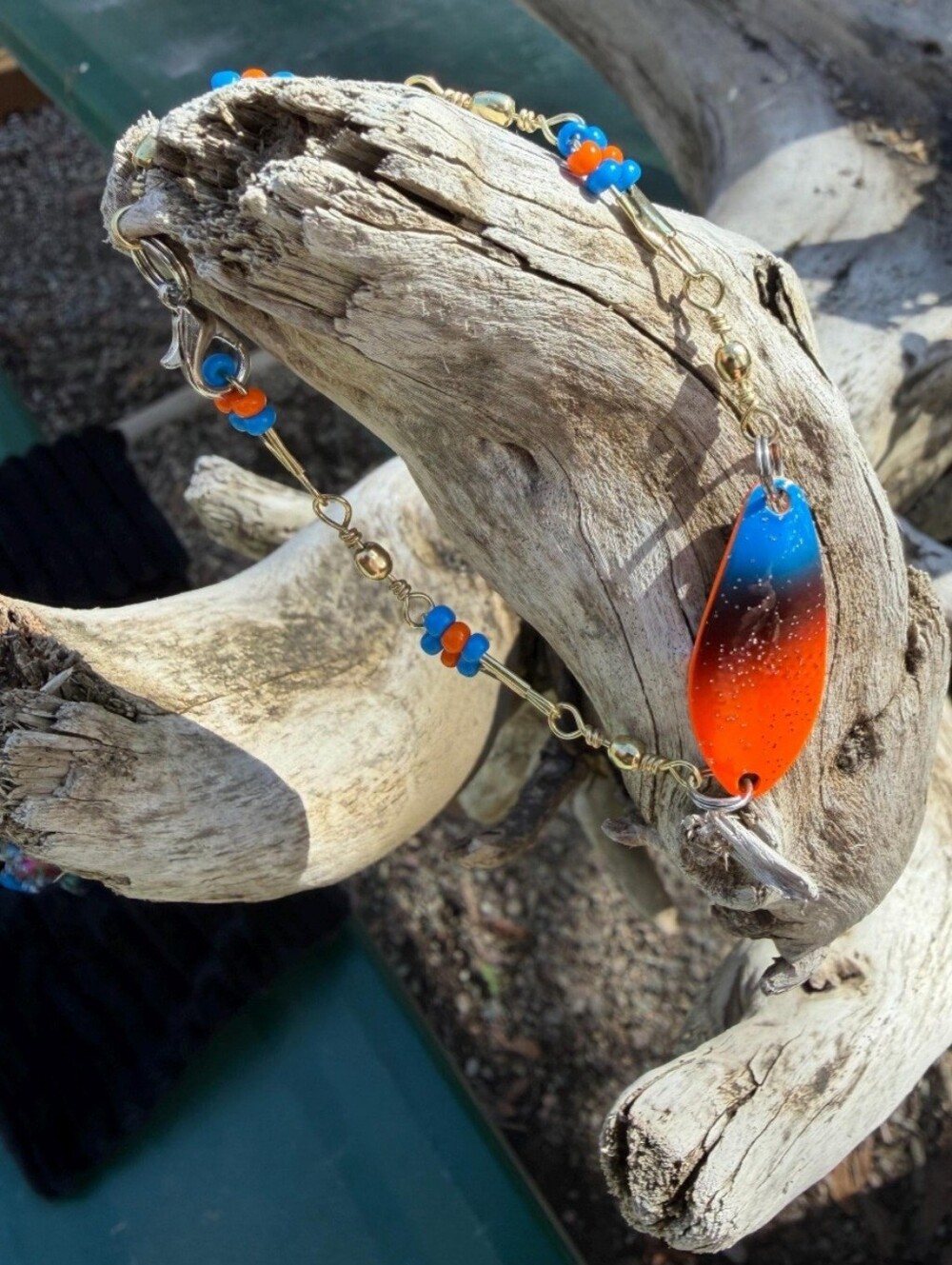 Handmade Fishing Lure Swivel Bracelet 7" - Orange/Blue/Gold